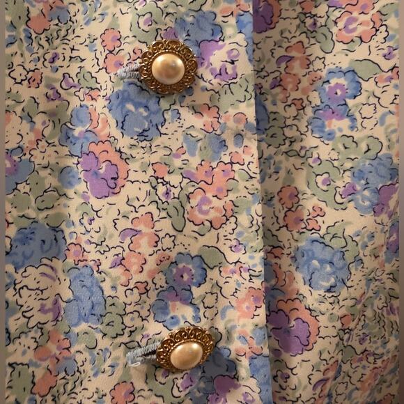 Vtg 80s Floral Print  Two Piece Skirt Set  Peter Pan Collar Ornate Buttons 16 - Picture 4 of 12
